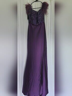Sophia Thomas Purple Beaded Evening Gown with Feather Shoulders Size 2